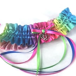 UK Rainbow bridal hen club party toss wedding garter Personalised