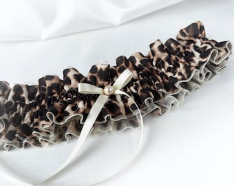 Coperta da sposa in raso color crema con stampa leopardata, motivo: animali, per addio al nubilato, giarrettiera personalizzata