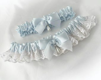 UK Personalised Blue satin Ivory lace garters set Wedding garters Vintage style bridal garters