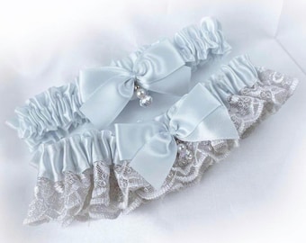 UK Personalised Bridal wedding blue satin & champagne (white or ivory) lace garters set vintage inspired style