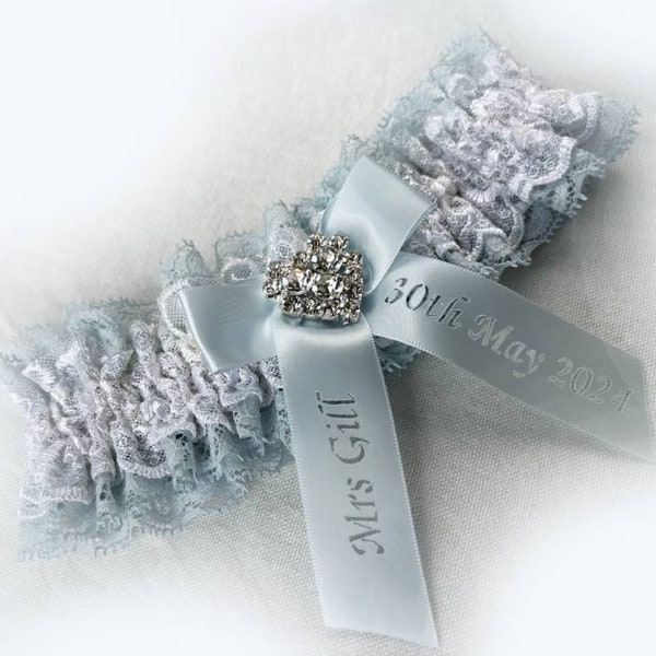 UK Vintage style blue & ivory ( white, champagne) lace wedding bridal Personalised garter any size / language