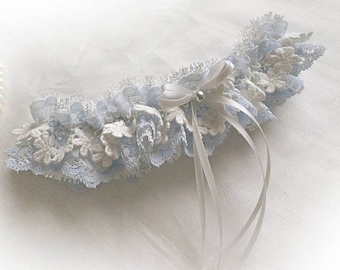 Personalised Light Ivory Blue lace garter wedding bridal bridesmaids garter toss hen throw vintage style garter UK