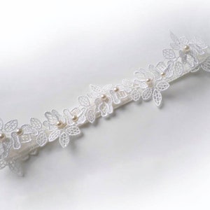 Light Ivory cotton lace flowers garter pearls wedding bridal toss through garter