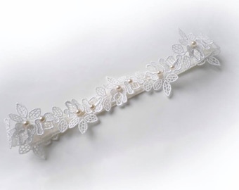 Light Ivory cotton lace flowers garter pearls wedding bridal toss through garter