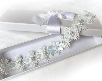 UK Boxed Off White lace Pale Blue ribbon/ pearls garter vintage wedding bridal toss through garter Personalised