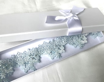 UK Boxed Pale Blue lace / pearls garter vintage wedding bridal toss through garter Personalised