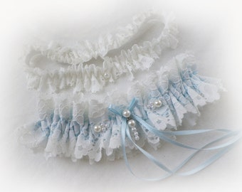 UK Personalised light ivory and blue ( champagne, pink) lace garter Wedding garter Vintage style bridal garters set