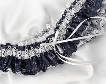 UK Personalised Navy Blue or Black  lace garter wedding bridal bridesmaids garter toss hen throw vintage style garter