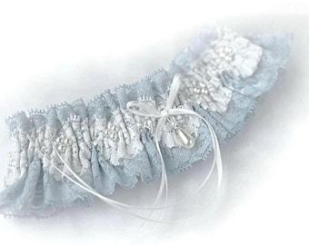 Personalised Light Blue and Ivory lace garter Wedding bridal garter Vintage style inspired