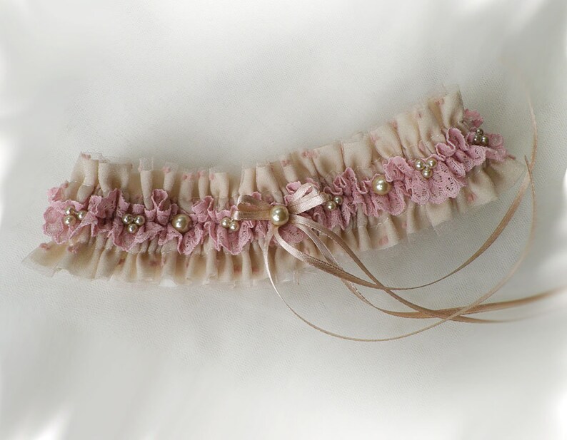 Dusky pink lace nude champagne satin garter pearls garter vintage style wedding garter personalized garter