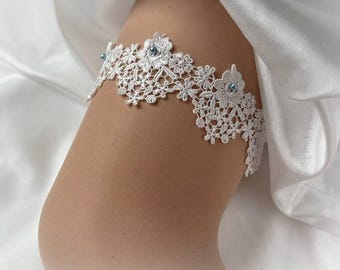 UK Milky White cotton lace garter pearls wedding bridal toss through garter Personalised