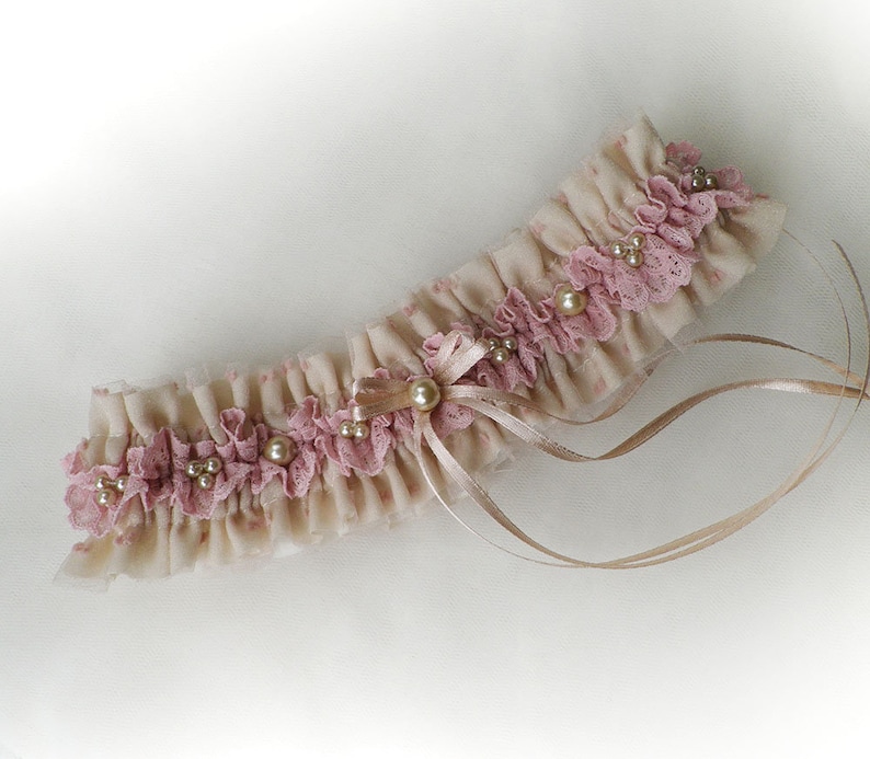 Dusky pink lace nude champagne satin garter pearls garter vintage style wedding garter personalized garter