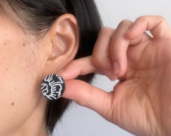 Black Leather Stud Earrings, Floral Earrings, 3rd Anniversary Gift for Wife