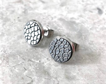 Silver Stud Earrings, Textured Leather, Minimalist Jewellery, Gift for Women under 25