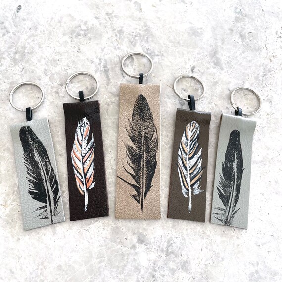 Feather Leather Key Ring, Printed Key Holder, Sustainable Gift