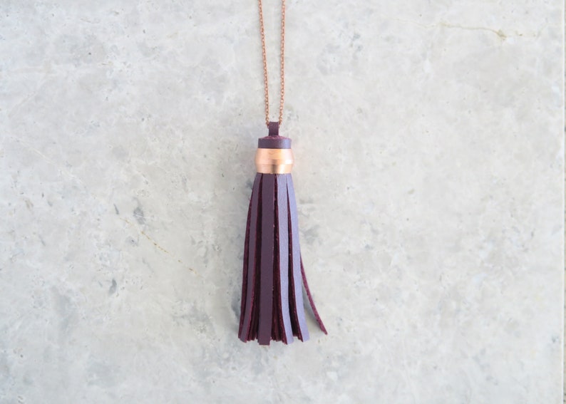 Leather Tassel Necklace for Women Purple Jewelry on Copper image 0