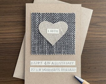 4th Anniversary Card, Linen Anniversary Gift, for Husband, for Wife, for Couple