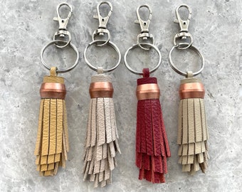 Leather Keychain with Copper Ring, Tassel Purse Charm, 7th Anniversary Gift for Wife