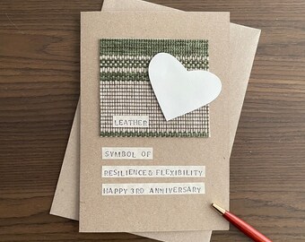 3rd Anniversary Card, Leather Anniversary Card, for Husband, for Wife, Sustainable Gift for Him, for Her