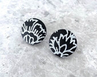 Black Circle Stud Earrings, Round Printed Leather Studs, Sustainable Jewellery Gift for Her