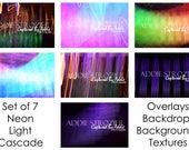 7 Neon Digital Backgrounds Photography Backdrop Texture Overlay Set / Fair Carnival Arcade Retro 80s Light Cascade
