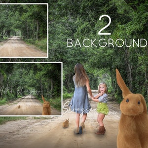 May include: Two girls walk down a dirt road lined with trees.  The girls are wearing casual clothing.  There are several brown rabbits in the road.  The text "2 BACKGROUNDS" is at the top of the image.