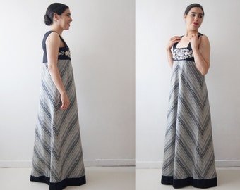 MASKIT Dress 1960'S vintage Stunning  Handmade  Embroidery Maxi Black gray stripes Dress made in Israel  free shipping