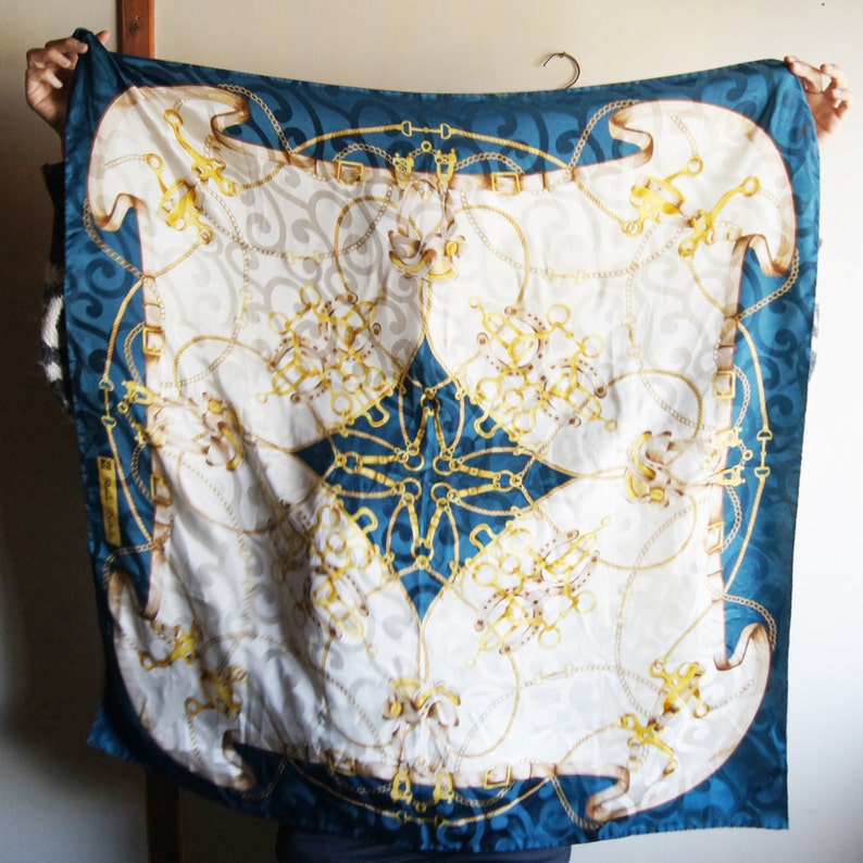 Foulard Vintage Renato Balestra - Soie Mousseline 135x135 Cm - Bleu, Occasion
