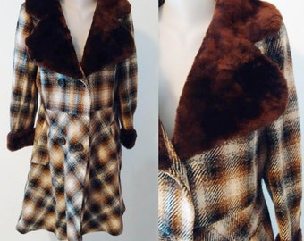 Vintage MADOX London,Tweed wool checkered coat,synthetic fur collar,tweed coat,60's women Coat,Plaid Coat with Fox Fur Collar FREE shipping