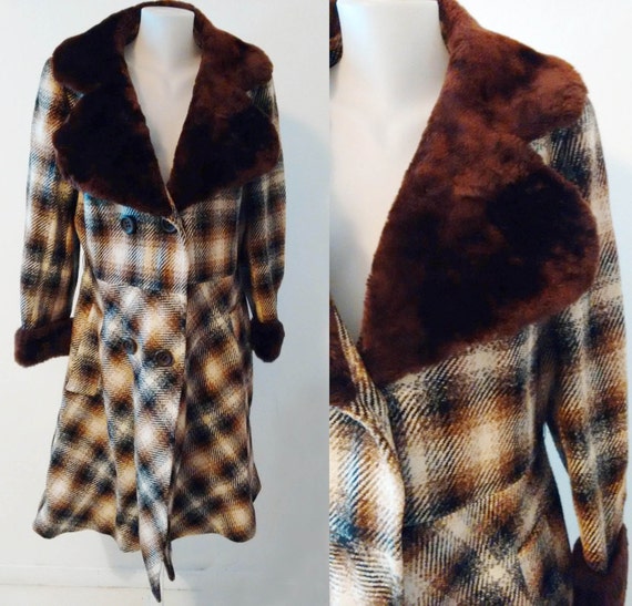 River Island Faux Fur Check Parka Coat Red