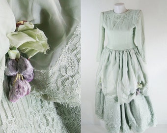 Silk velvet girl dress ,60's dress ,Beautiful sparkling stones ,antique style dresses ,green mint wedding dress ,size XS FREE Shipping