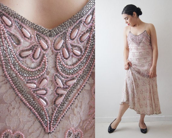 Vintage beaded dress,cocktail dress,pink Charlesto