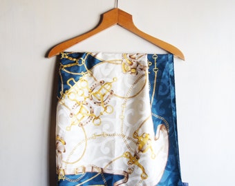 Vintage Renato Balestra silk scarf  Blue golden Chains Belts Saddle made in italy  free shipping