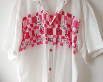 Vintage Adidas 80's checked shirt Baseball base ball tiger team all white pink shirt man Retro Free Shipping