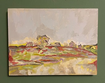 Original Gouache Landscape Painting on Wood