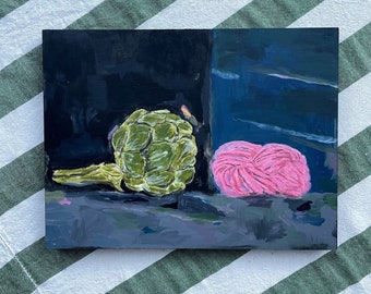 Kitchen Still Life - Artichoke Art -Yarn - British Home Style - Kitchen Art - Original Painting - Ready to Hang - Affordable Original Art