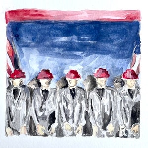May include: Watercolor painting of five people wearing red hats and gray jackets. The people are standing in a line, facing forward. The background is a blue and red watercolor wash.