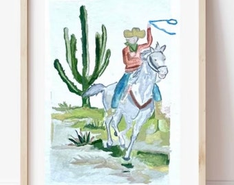 Original Watercolor 1940s Style Cowboy Desert Painting