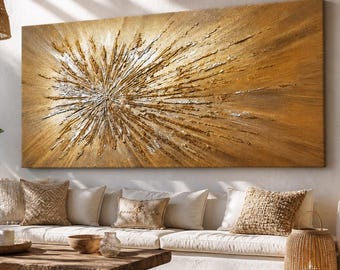 Hand-Painted Reproduction 120x60cm / 47.2x23.6in | Brown Silver Bronze Textured Canvas Art | Not a Print, Ready to Hang
