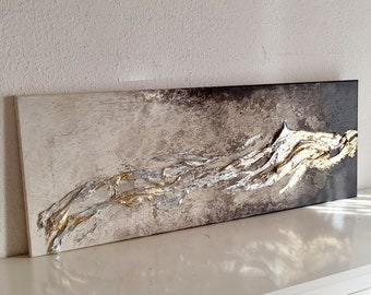 JEAN SANDERS structural picture 3D 120 x 40 cm high quality modern elegant, beige cream brown black gold leaf & silver texture, hand painted.More in the shop!
