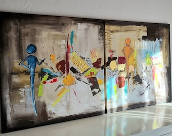 Jean Sanders-Struktur Bild 160x80, 2-teilig!!!.bunt modern Figuren Paar Wanddeko,Wandbild,handgemalt,Kunst.Originale Bilder. Mehr im Shop!