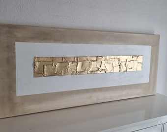 JEAN SANDERS - 150x50x4cm-- STRUKTURBILD - beige gold weiss-handgemalt & fertig auf Keilrahmen-driekt aufhängen. Wandbild Deko abstrakt 3D