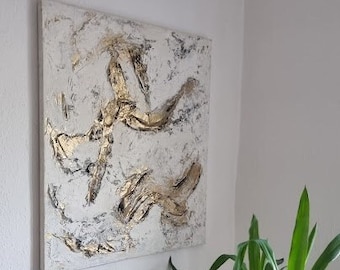 JEAN SANDERS structure picture 70 x 70 cm, cream, white, metallic gold, black. Elegant modern wall decoration, mural, hand painted, spring, abstract 3D art.