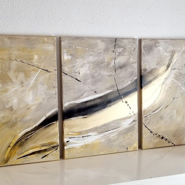 JEAN SANDERS - Bild 150x70cm,creme,beige,weiss,metallicgold,ocker,gold,braun,schwarz,elegant,handgemalte Wanddeko,Wandbild,handgemalt Kunst.