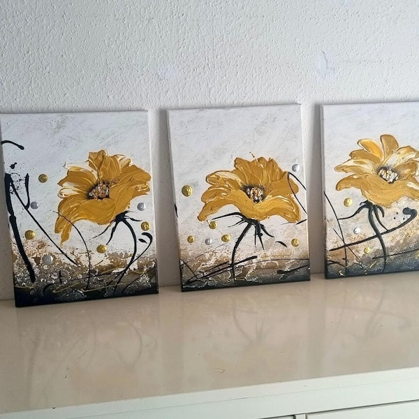 Strukturbild JEAN SANDERS-gold silber beige creme braun bunt usw- auf Keilrahmen 90x40cm-handgemalt Wandbild Struktur Blumen modern edel