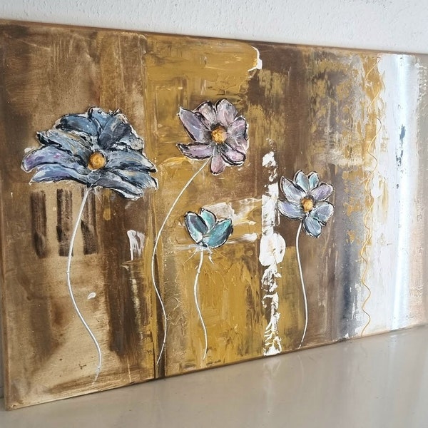 Strukturbild JEAN SANDERS-gold silber beige creme braun bunt usw- auf Keilrahmen 90x60cm-handgemalt Wandbild Struktur Blumen modern edel