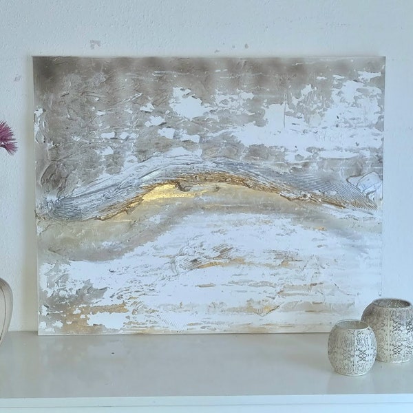 JEAN SANDERS-Wandbild 115x70cm,Wanddeko.Handgemalt.creme beige goldsilber abstrakt edel modern elegant ,handgemalte Bilder-Noch mehr im Shop