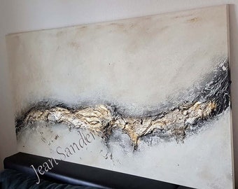 JEAN SANDERS-Struktur Bild 140x100cm,creme,beige,metallicgold/silber,dunkelbraun. Elegant auffällige Wanddeko, Wandbild, handgemalte Kunst.