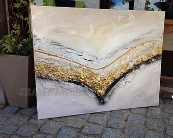 JEAN SANDERS -Strukturbild- 100x80cm,creme,beige,sand,metallicgold,zarte warme Farben, elegant Wanddeko,Wandbild, handgemalt Kunst.Originale