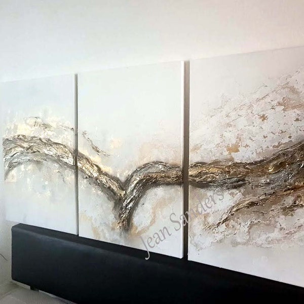 JEAN SANDERS - Strukturbild 150x60 cm, Tryptichon. gold metallic weiss grau  schwarz.handgemalte Unikate. Meine Bilder finden Sie im Shop